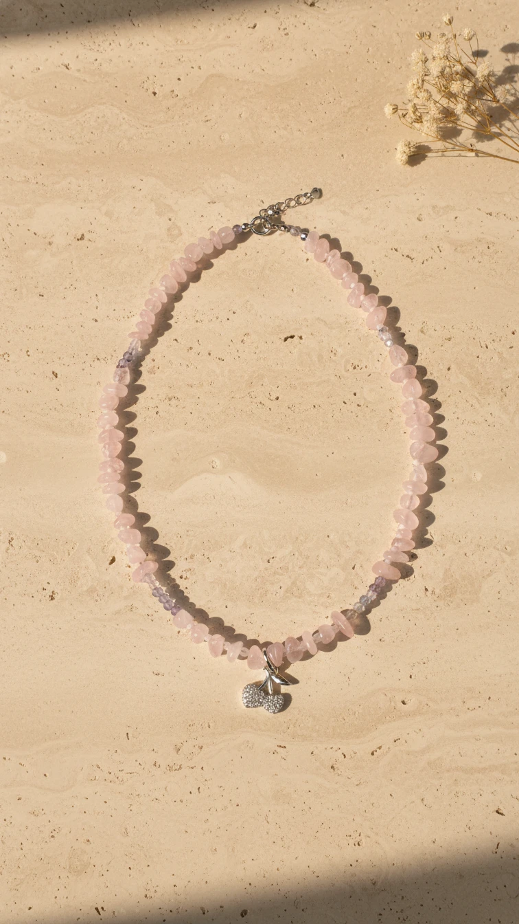 Pembe Kuvars Gümüş Kolye 